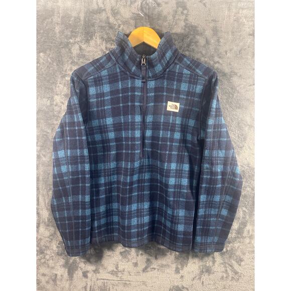 The North Face Men's Gordon Lyons 1/4 Zip fleece jacket in a blue plaid SZ Small - Picture 1 of 8